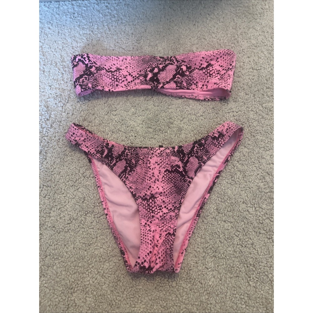 Triangl Women's Melrose Pink Snakeskin Bikini Top Size S Bottom M Bandeau